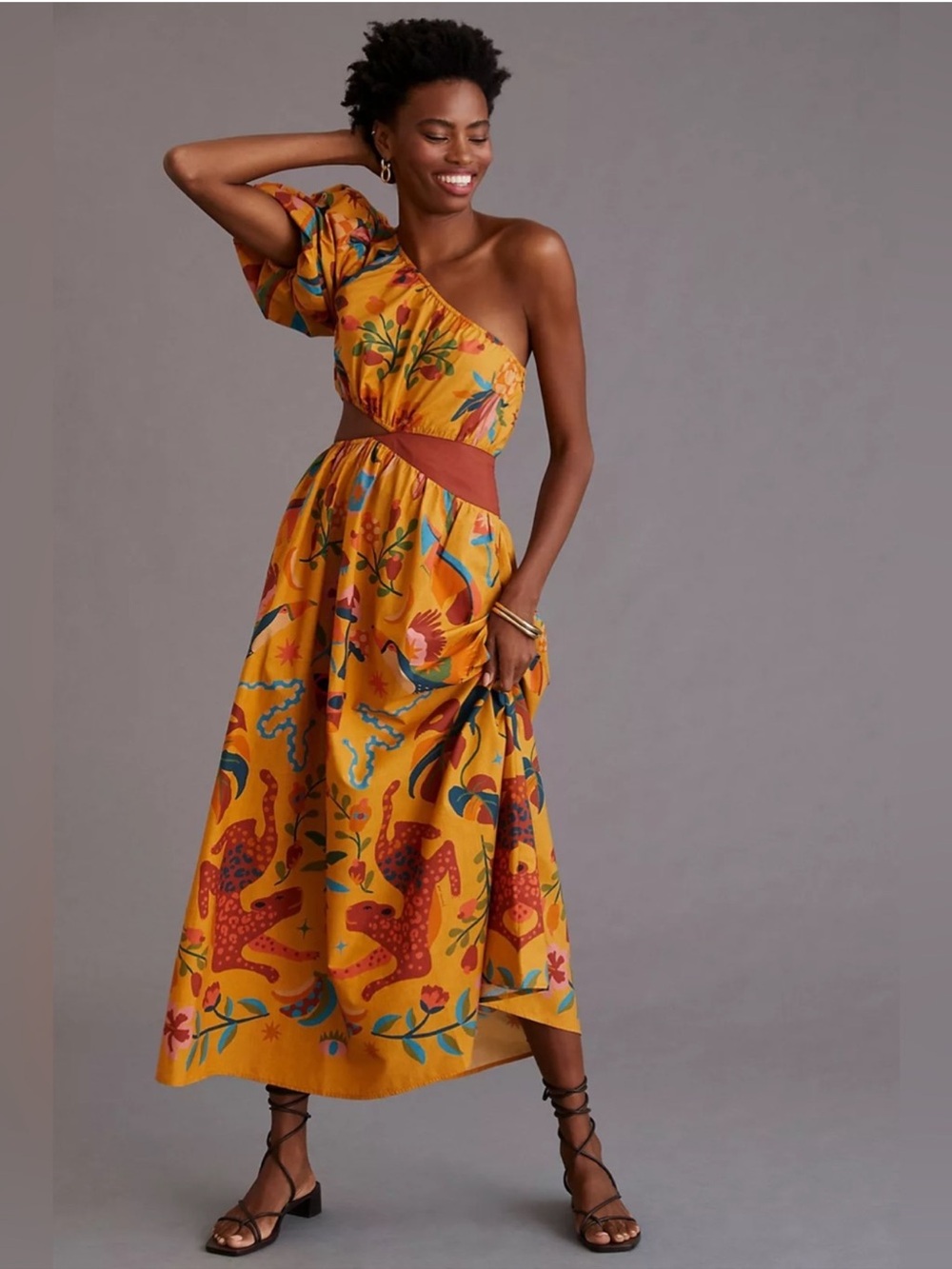 FARM Rio Mustard One-Shoulder Maxi Dress with Multicolor Floral & Bird Print XS